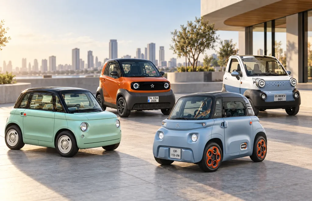 Elektrikli Mini Arabalar ( Citroën Ami, Fiat Topolino, Reeder ReeV Fancy ve Karea Fit yan yana şehirde)